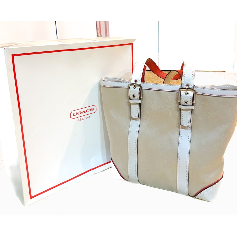 Coach Hamptons Weekend Tote Bag Beige Canvas White Leather Red Trim F10711